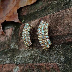 Vintage mid-century AB crystal pavé crystal half-arc clip-on earrings, art deco